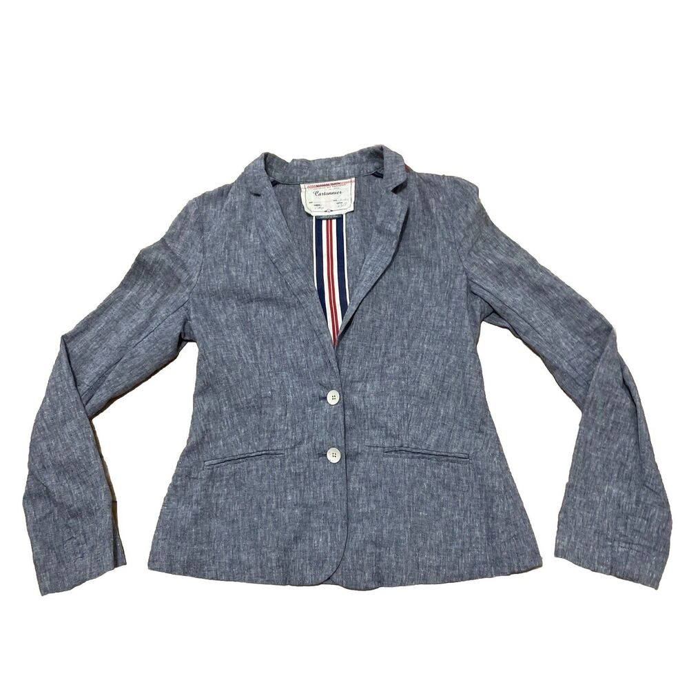 Cartonnier Anthropologie Linen Blazer Women 4 Blue Light 2 Button Preppy Beach 4